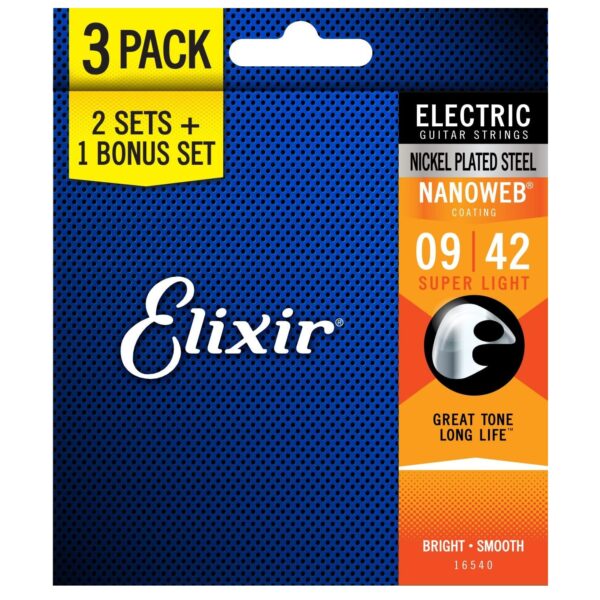 Elixir Strings 16540 – Cuerdas guitarra eléctrica NANOWEB super light (.009-.042) pack 3