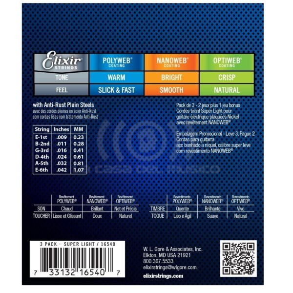 Elixir Strings 16540 – Cuerdas guitarra eléctrica NANOWEB super light (.009-.042) pack 3